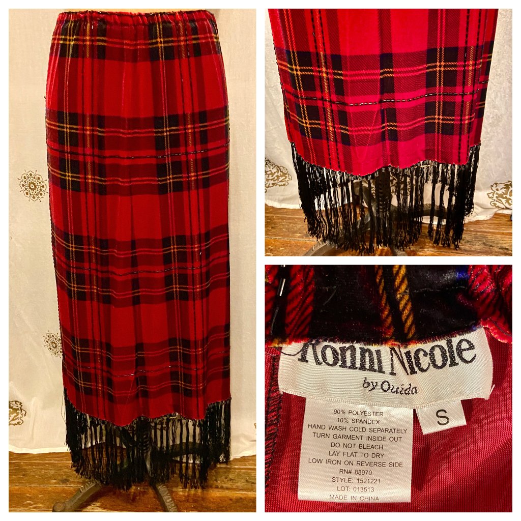 Vintage Ronni Nicole Red Velour Velvet Tartan Plaid Beaded Fringed Skirt Slit S